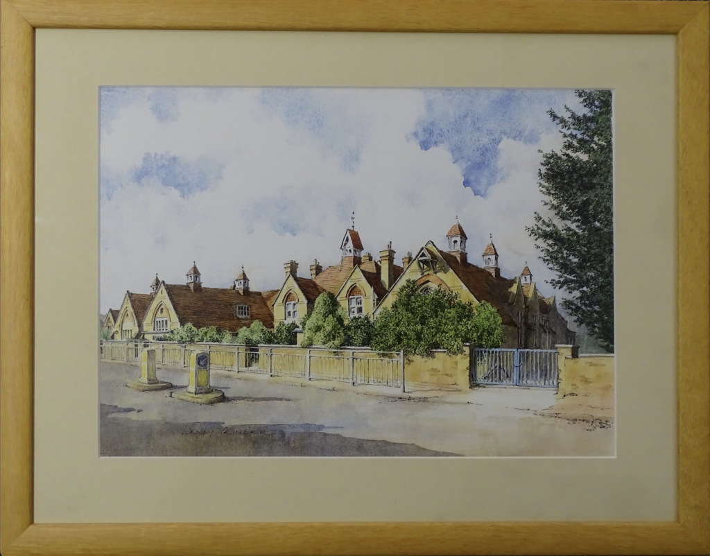 Light-wooden-framed watercolour of old school at Egham Hythe. View of yellow/orange bricked school building from the opposite side of the road. There are green trees and bushes behind the wall separating the building from the road. Partial view of a pine tree on right side of the painting. Top of painting shows blue sky with white clouds 