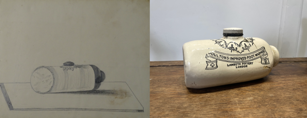 on the left: pencil sketch of a ceramic foot warmer from 19th and 20th centuries on a table. on the right: an example of a real ceramic foot warmer in beige with inscription in black doulstons improved foot warmer