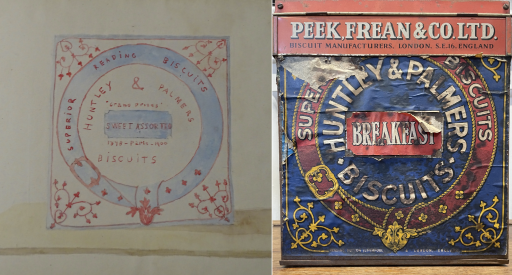 on the left: red and blue ink sketch of a squared sweet assorted tin. On the right: the original red and blue tin owned by the artist's family. 