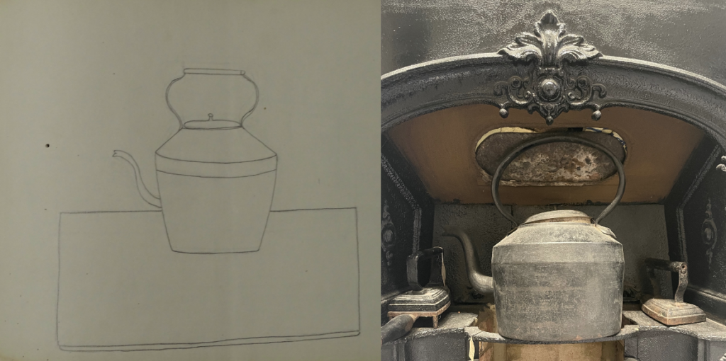 On the left: pencil sketch of kettle from profile on a surface. On the right: metal kettle on a stove