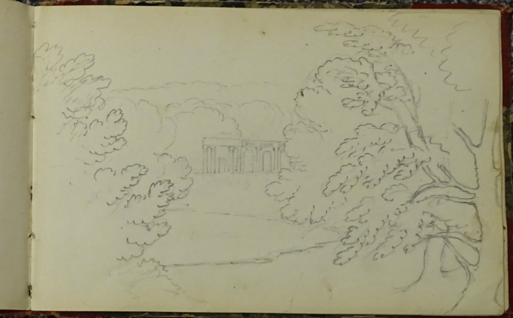pencil sketch of partial ruins in the foreground, and tall trees on each side of the sketch in the foreground