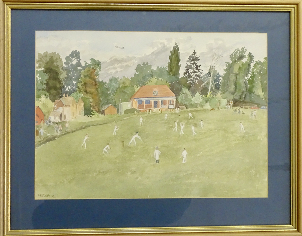 golden framed watercolour showing wide view of Englefield Green field, with 15 cricket players spread around the field, and a few members of the public on each side of the field. In the background, orange and white buildings are visible, with tall trees behind them. The sky is blue with some clouds, and a place is visible