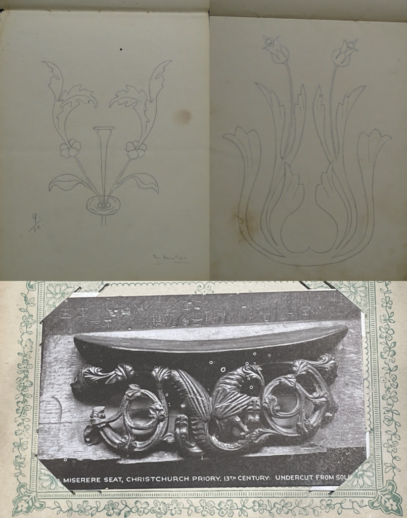 Top: two pencil sketches of decorative flower sculptural of a building. Bottom: postcard of a detail in Christchurch Priory, framed with green flowers