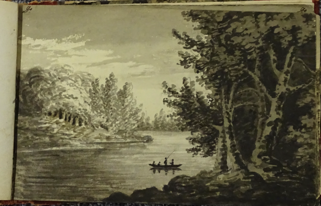 sepia coloured drawing of river with one boat and 3 figures in it, and view of both margins with trees