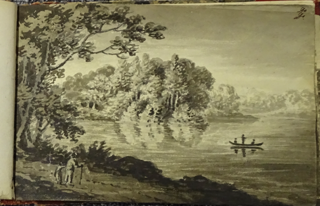 sepia coloured ink drawing of an older man and child in the foreground, next to a tall tree, and a river with 3 figures in a boat on the right side of the painting. Trees in the background