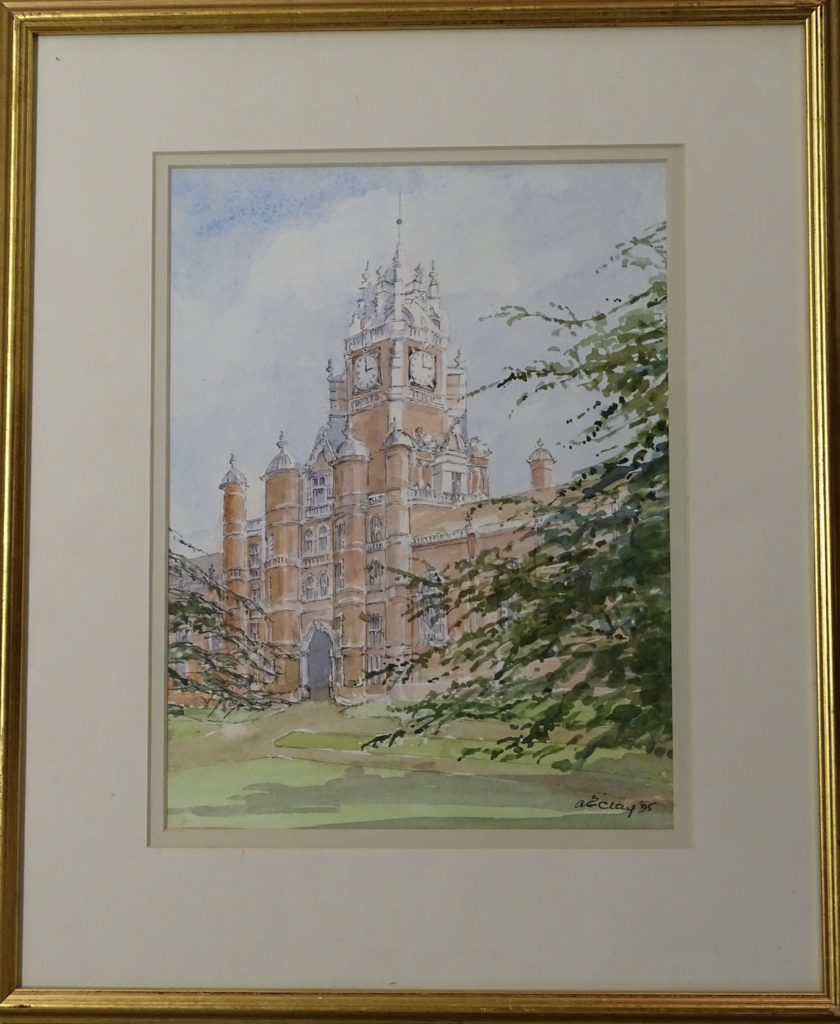watercolour painting of red bricked founders building at Royal Holloway, showing the clock tower. There is a green field in the foreground, and one partially visible tree on each side of the painting. Blue sky with some clouds. Painting signed in black ink at the bottom right: A E Clay 95
