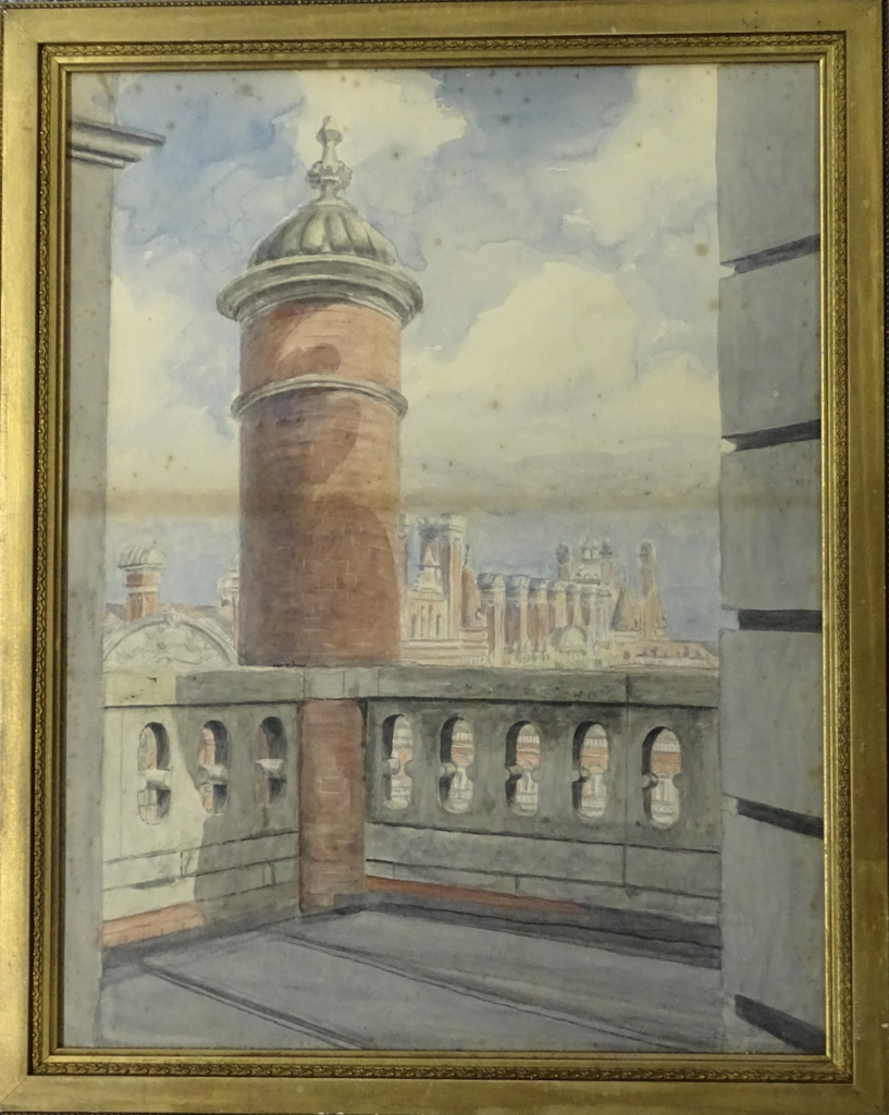 watercolour with golden frame. view of royal Holloway red bricked founders building from a balcony within the buildings quad. View of top of building surrounding the balcony and spires 