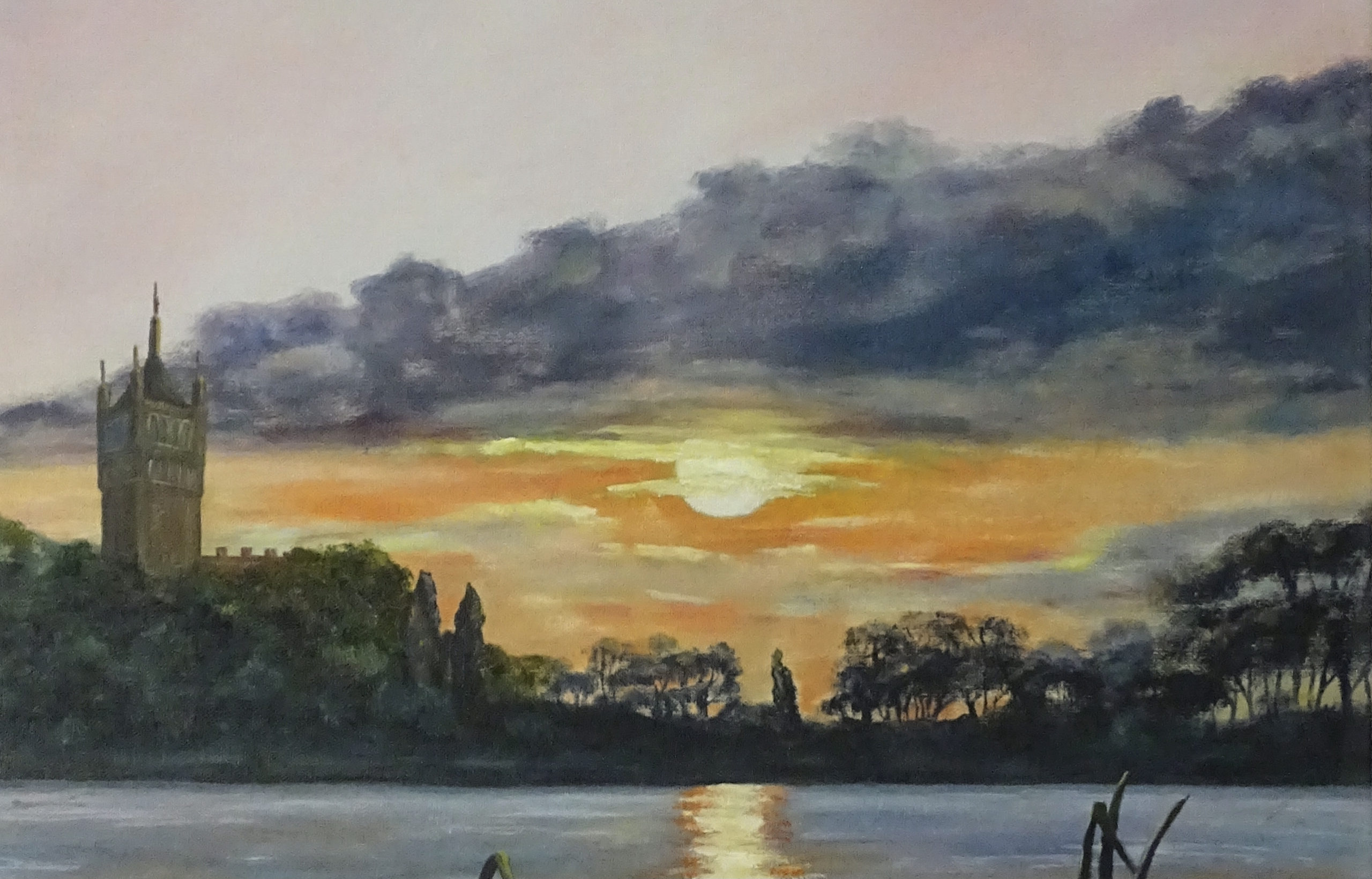 Oil painting of Sunset at Lake Thorpe. View of trees in the foreground, and the Holloway Sanatorium tower peeking above the trees on the left hand side of the painting