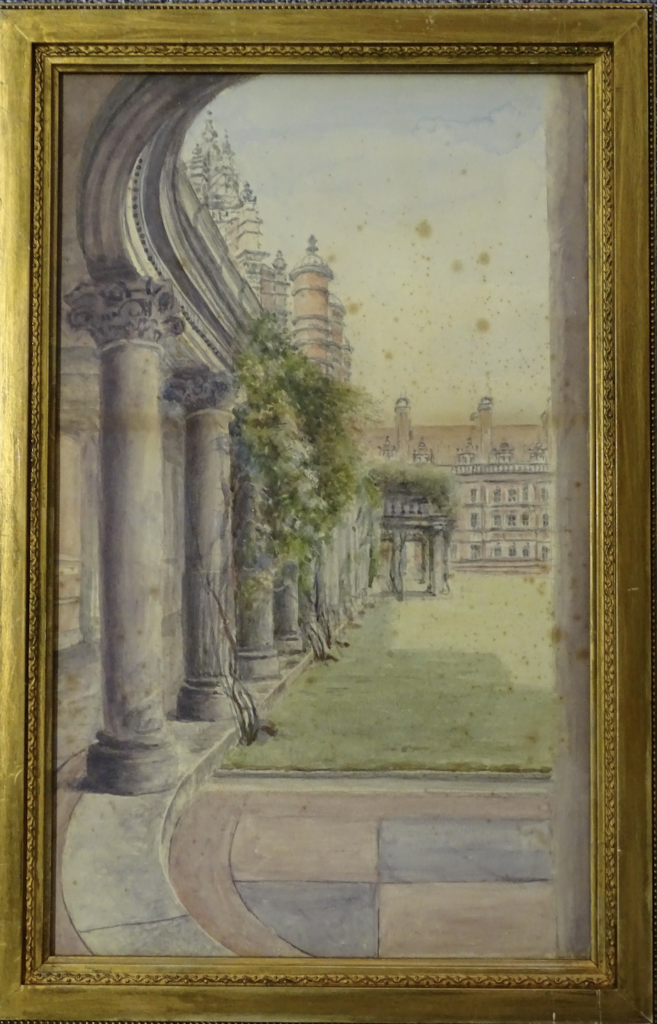 watercolour with golden frame. View of green grass at royal Holloway quad, and the grey columns with green vines that surround the field