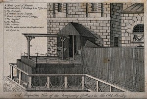 (c) Wellcome Images. The temporary gallows in the Old Bailey, north of Newgate. Engraving with etching.