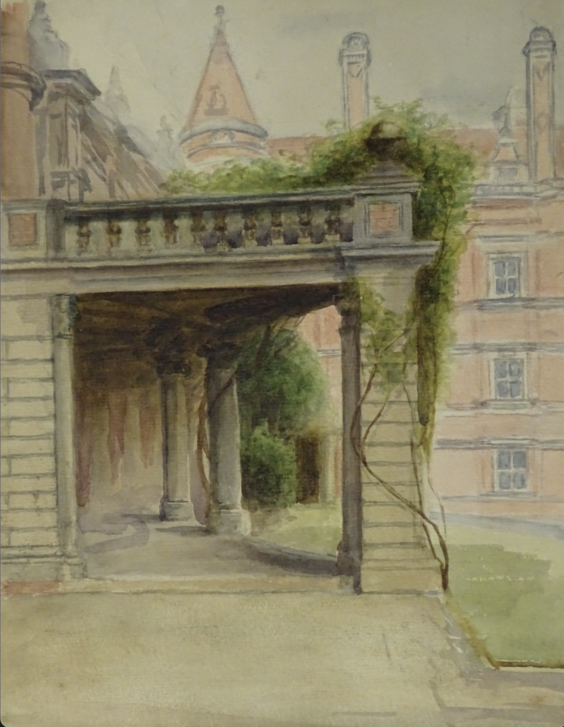 watercolour with golden frame. View of green grass at royal Holloway quad, and the grey columns with green vines that surround the field