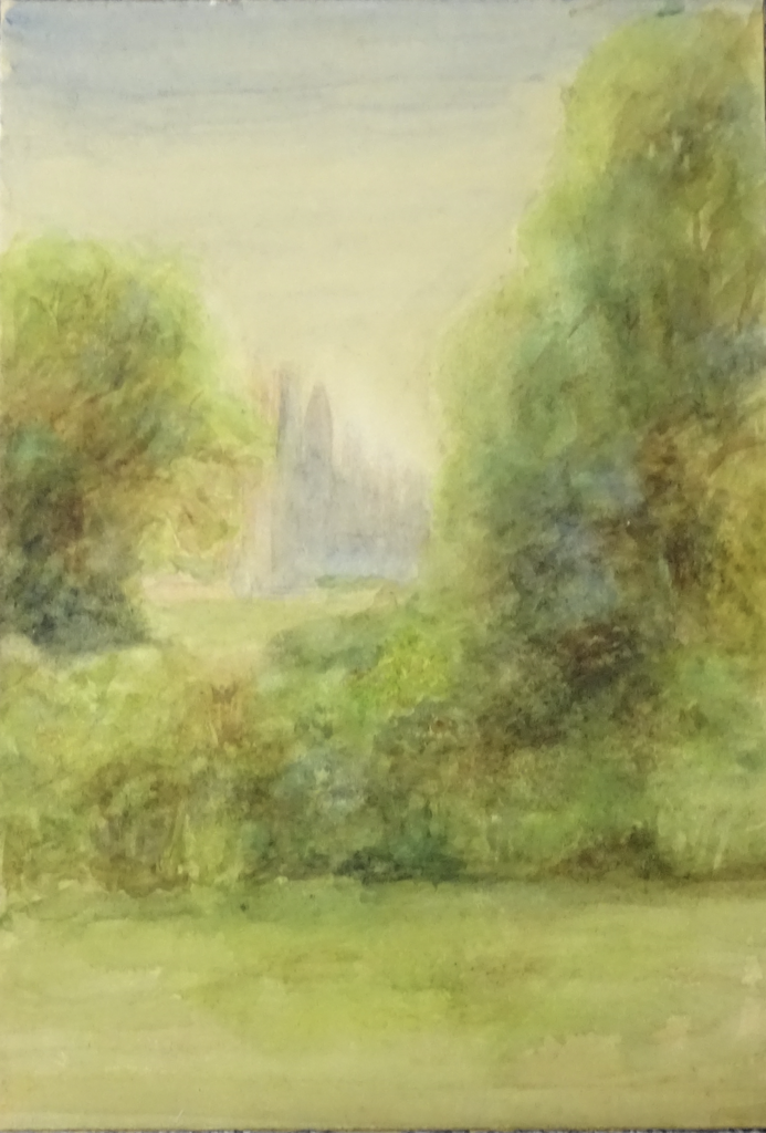 unframed watercolour of royal Holloway red bricked founders building in the background. In the foreground, green and brown bushes and grass