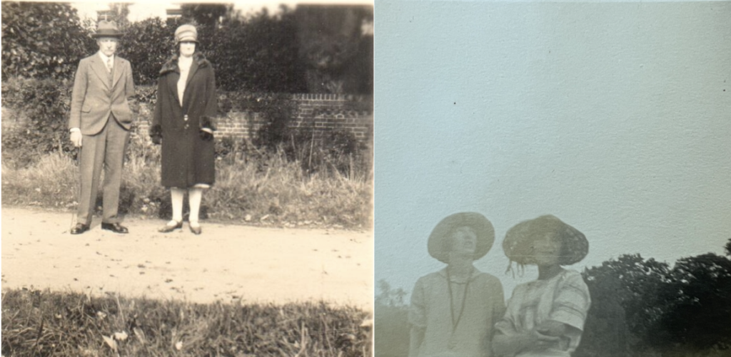 Two sepia photos. On the left: a man in a suit and a woman with a long black coat, both wearing a hat, stand on a road. On the right, two young women with star hats and early 20th century beach shirts look at camera. Trees in the background