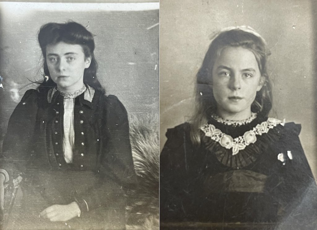 Two black and white photos of children with around 10 o 12 years old, with early 20th century, dark clothing