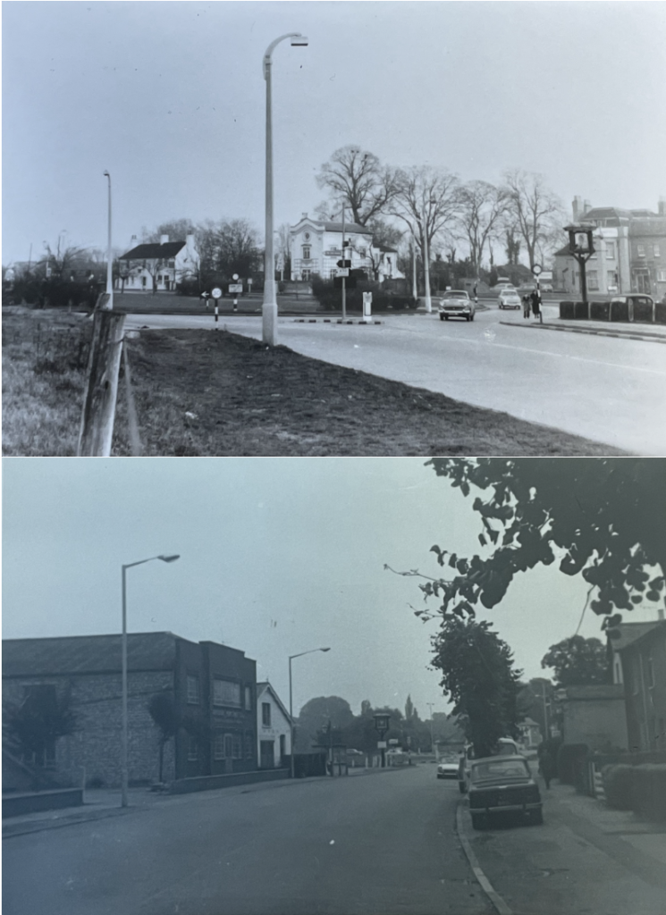 Two black and white photos of the Glanty area before the highway construction. The top photo shows the roundabout with white buildings in the background. The bottom photo shows the pub sign and part of the pub building on the right, and cottages on the left, both sides separated by road