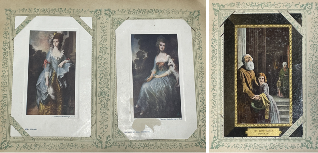 Three colour postcards stuck on a postcard album, all framed with green decorative flowers. On the left, two postcards of portraits of two white women with blue and gold dresses. On the right, a painting with an older man standing with a child in the foreground, and steps and big door entrance to a building with a woman at its front