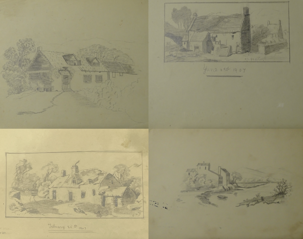 Four pencil sketches of front views of cottages. All show tall trees and flora surrounding the cottages