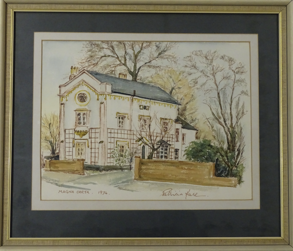 Pen and wash painting with golden frame. Painting shows a white building with yellow and red decorative elements. To the left of the building, there are green trees and bushes. The building is surrounded by a brown wall separating it from the road. There is a signature by artist Patricia Hare on the bottom right, and title and date Magna Carta 1974 on bottom left, all in red.
