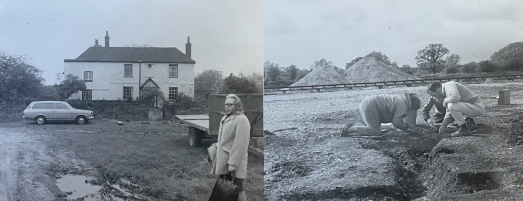 Two back and white photos at farm site. On the left: view of white building with mud in froreground. An older woman is standing on the right side of the photo. On the right: three people bending and kneeling down at excavation hole on site. View of hills of sand and trees in the back