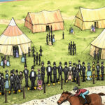 Cartoon image of Egham Races. Two horses can be seen running with people watching and temporary tents behind.