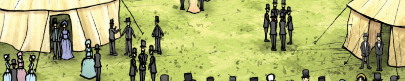 Cartoon image of Egham Races. Two horses can be seen running with people watching and temporary tents behind.