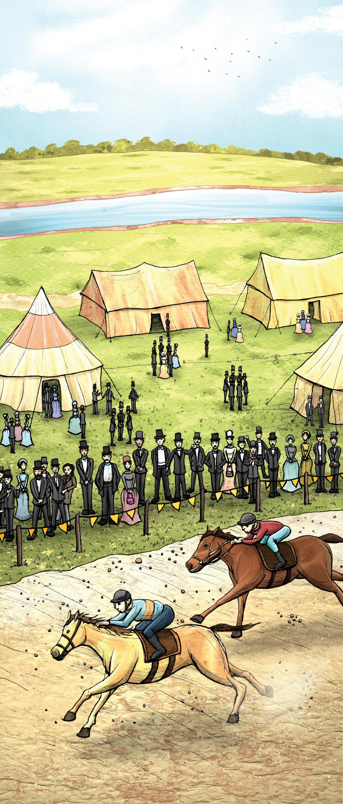 Cartoon image of Egham Races. Two horses can be seen running with people watching and temporary tents behind.