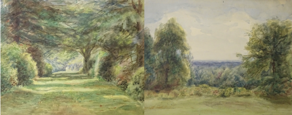 two unframed watercolours. on the left: a green path with brown and green bushes on both sides, with trees forming a green arch in the background. on the right: a green field with one tall green tree on each side of the painting, and view of the green landscape in the background, and blue and white sky